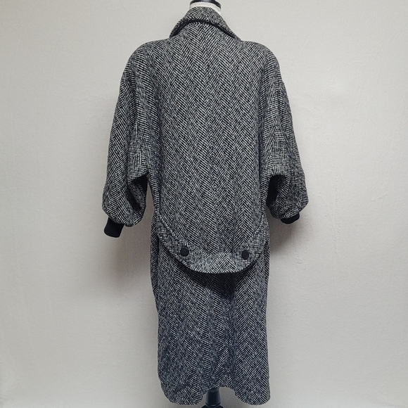 80s Vintage Black Gray Herringbone Wool Balloon Sleeve Longline Trench Coat XL - Picture 10 of 13